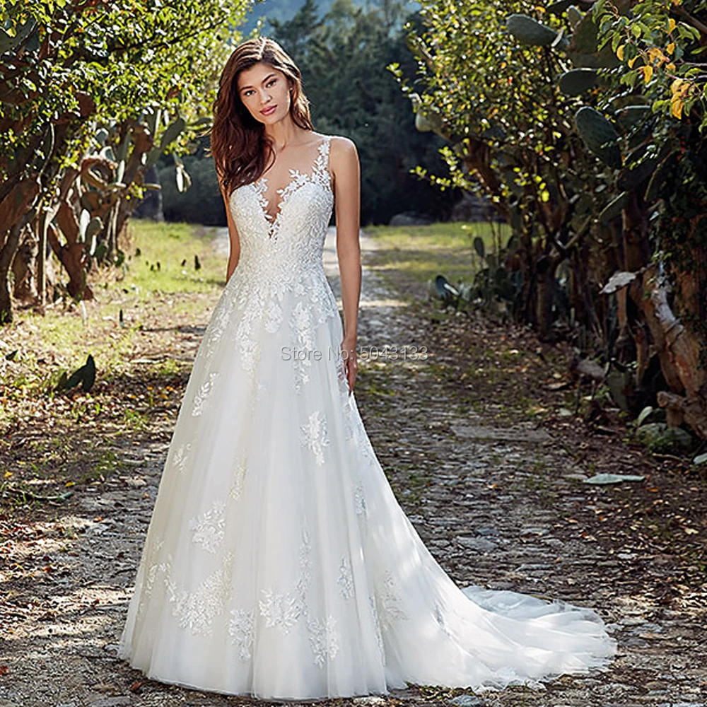 

2021 V Neck Lace Straps A Line Wedding Dresses Off The Shoulder Appliques Backless Bridal Married Wedding Dress Robe De Mariee