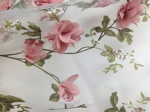5 ярдов Цветочная кружевная ткань из органзы с 3D цветами шифоновая розовая