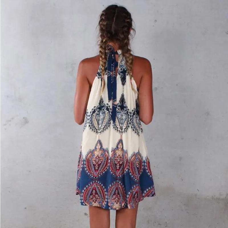 2017 женские сексуальные Boho Летнее платье Printed Halter Стиль рукавов пляж вечерние
