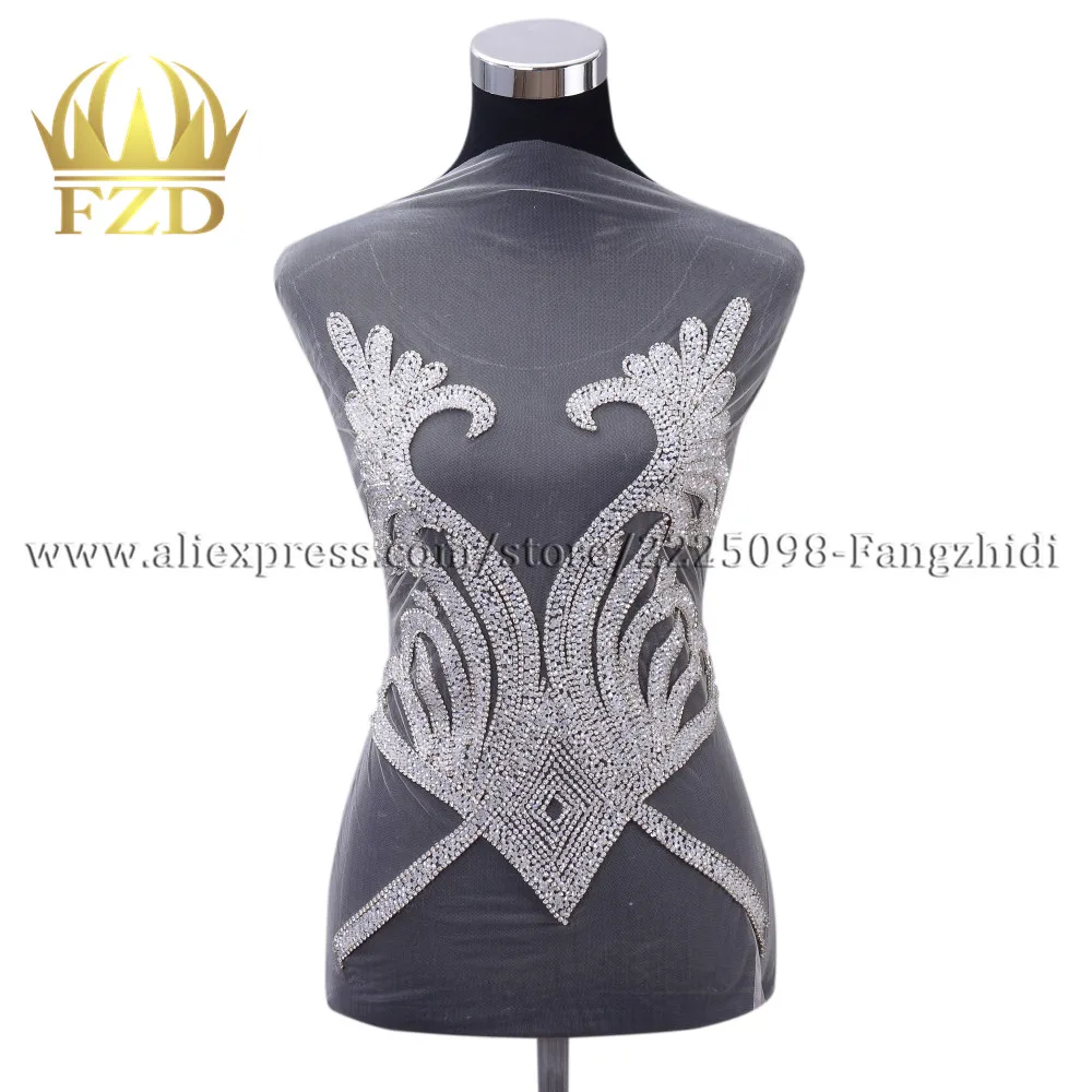 

FZD 1 Piece Sew on Beaded Applique Rhinestone Stone with Crystal Wedding Applique Patches for DIY Dress and Evening Dress