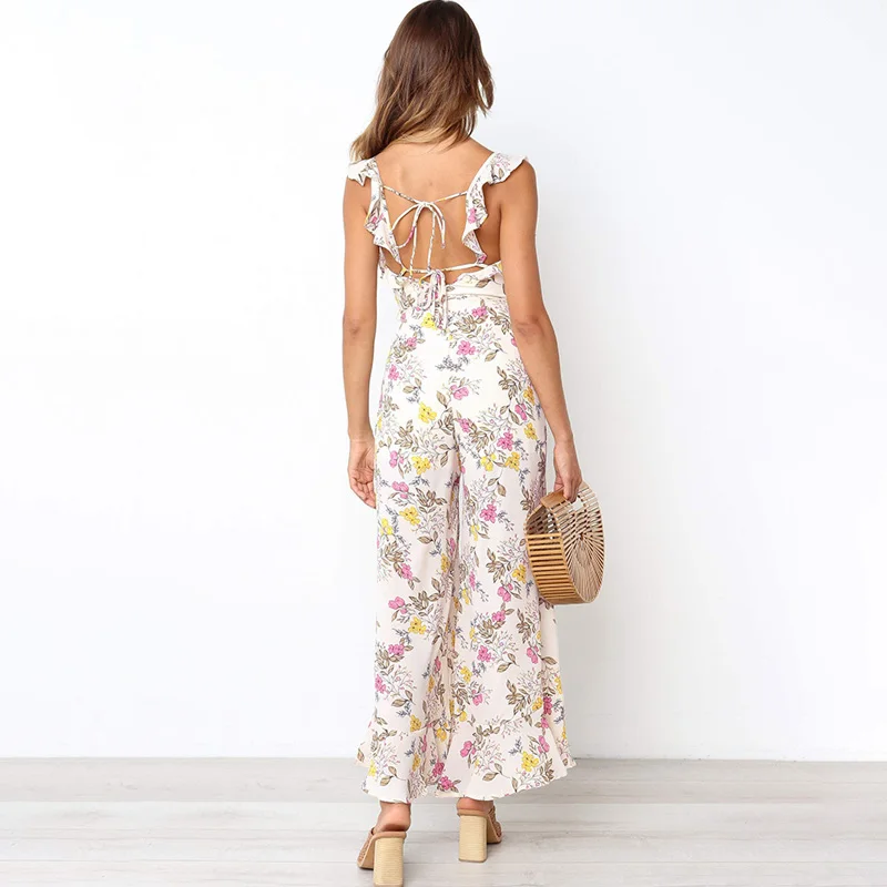 Женский шифоновый комбинезон на бретельках с цветочным принтом Летний оборками