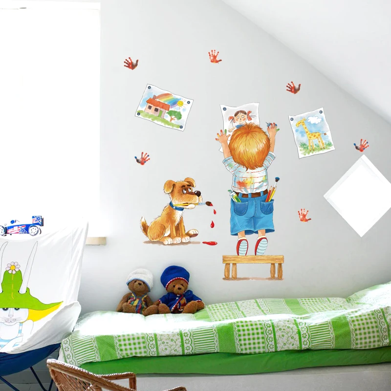 1 компл. Съемный Стикер Стены Мультфильм Милая Собака Милый Мальчик Живопись Palm