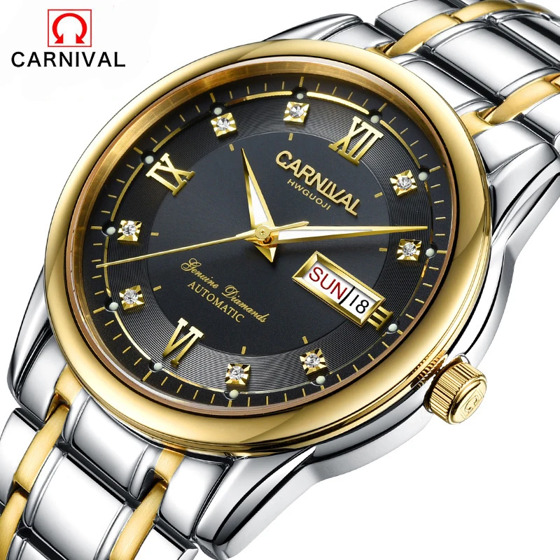 

Carnival Top Brand Automatic Mechanical Watches Luminous Double Date Waterproof Full Steel Saphire Dress Men Watch New