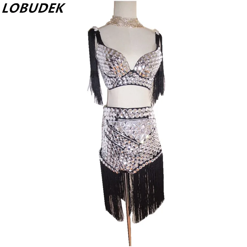 

Tassels crystals Shiny bra high waist trousers sexy silver handcrafted female costumes singer dancer show Nightclub stage wear
