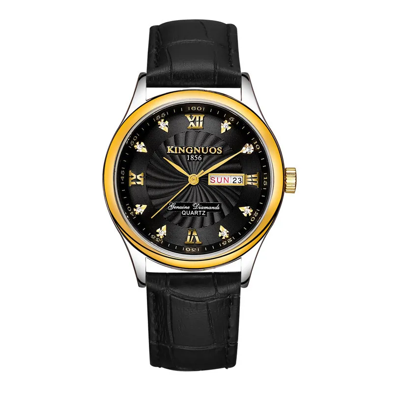 Black Leather Black Мужские часы от ведущего бренда, роскошные часы из нержавеющей стали, часы с датой недели, водонепроницаемые мужские кварцевые часы, деловые мужские часы с бриллиантами Horloge - Цвет: Black Leather Black
