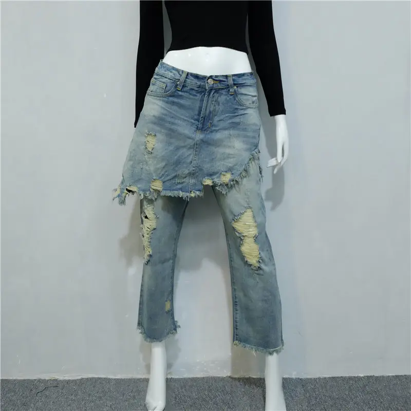 2018 Top Grade I Q shop Street Style cracked Irregular Denim pants Fake Two peiece