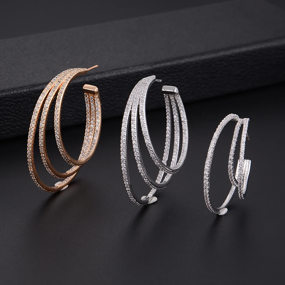 SISCATHY Big 3Rows Circle Full Mirco Paved Microl Cubic Zirconia Earrings For Women Bridal Dress Hoop Fashion Jewelry | Украшения и