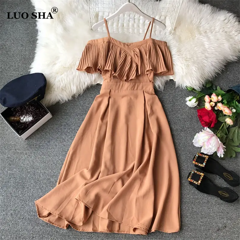 Женское платье на бретельках LUOSHA плиссированное с открытыми плечами и оборками