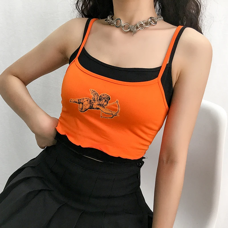Weekeep Обрезанные Лоскутные Cami для женщин с принтом ангела Bodycon Короткий Летний Топ уличная без рукавов кроп Топы