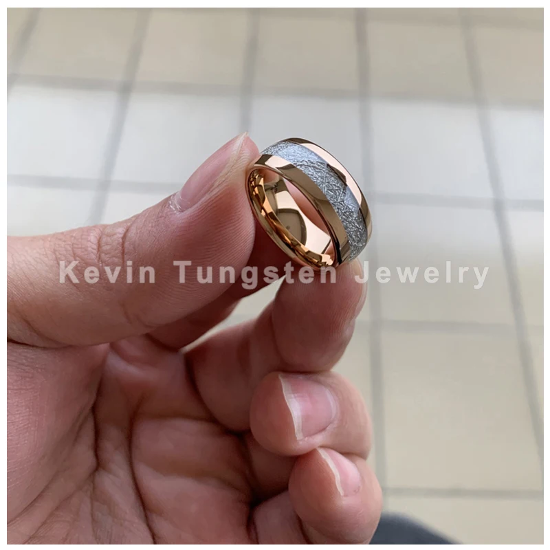 Розовое золото женские мужские Weding Band вольфрамовое кольцо купольная полоса белый метеорит инкрустация