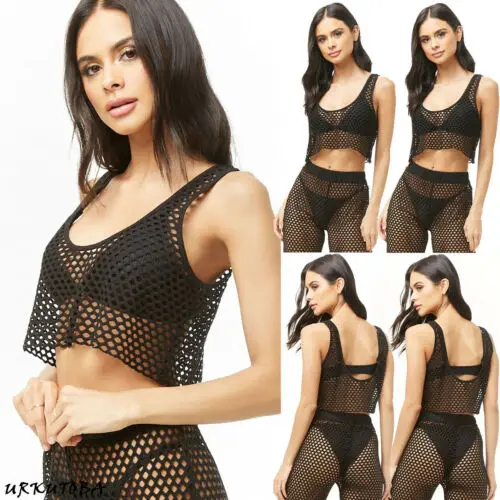 

UK Women Sexy Crochet Mesh Swimwear Summer Beach Sheer Bikini Cover Up Suit 2Pcs