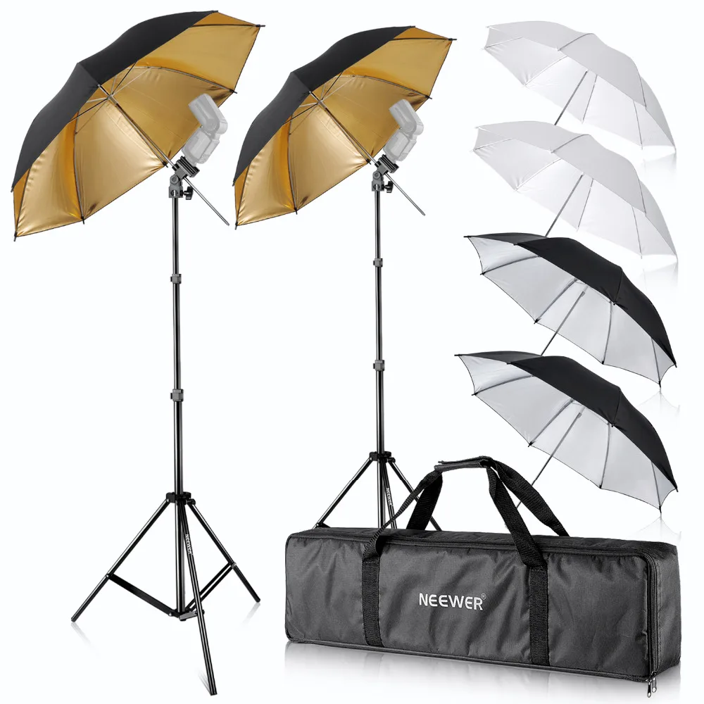 Neewe Photo Studio 2* комплект с тремя зонтиками(2) белый мягкий зонт+(2) Серебряный отражающий зонт+(2) Золотой отражающий зонт