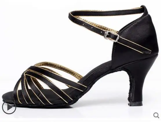 gold BLACK heel7.5cm Женская обувь для латинских танцев; обувь на высоком каблуке из воловьей кожи с мягкой подошвой; Черная сатиновая спортивная обувь для латинских танцев; дешевая обувь для девочек; практическая обувь; Большие скидки - Цвет: gold BLACK heel7.5cm