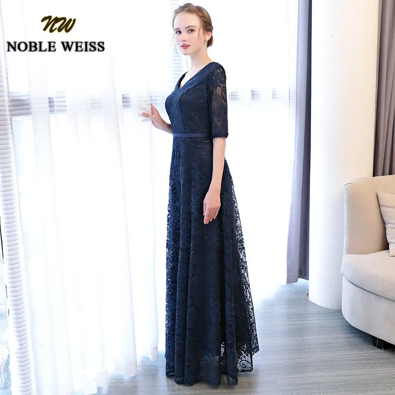 NOBLE WEISS Luxury Navy Blue Lace Evening Dresses Sexy V-neck Long Floor Length Robe De Soiree A-line Tulle Party Prom Gowns | Свадьбы и