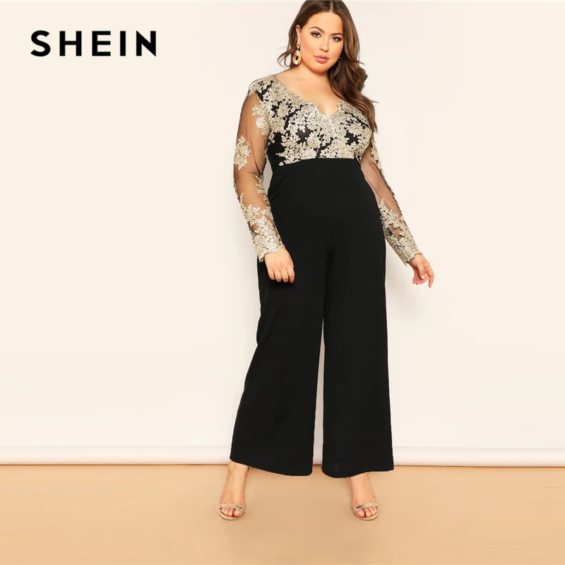 SHEIN Размер Плюс Комбинезон С Прозрачными Вставками Контрастный Комбинезон С Вышивкой Нарядный Комбинезон С Длинными Рукавами