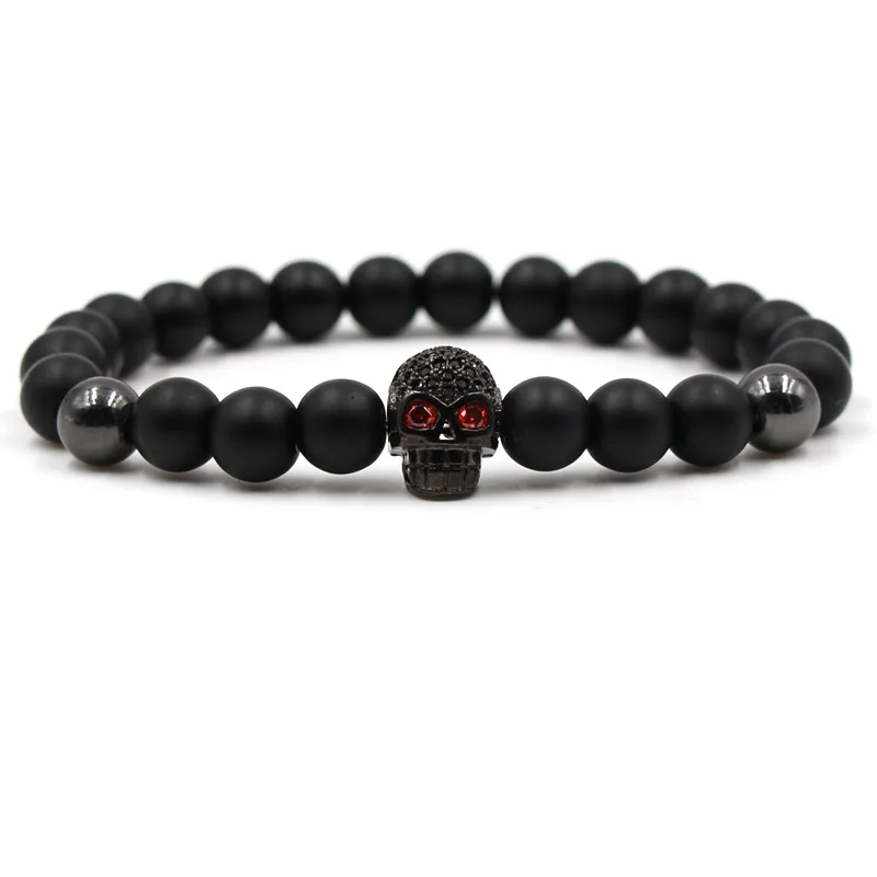 

HOBBORN Classic Black Natural Stone Women Men Bracelet Luxury Skull Head Beads Bracelets Healing Meditation Hip Hop Jewelry Cruz