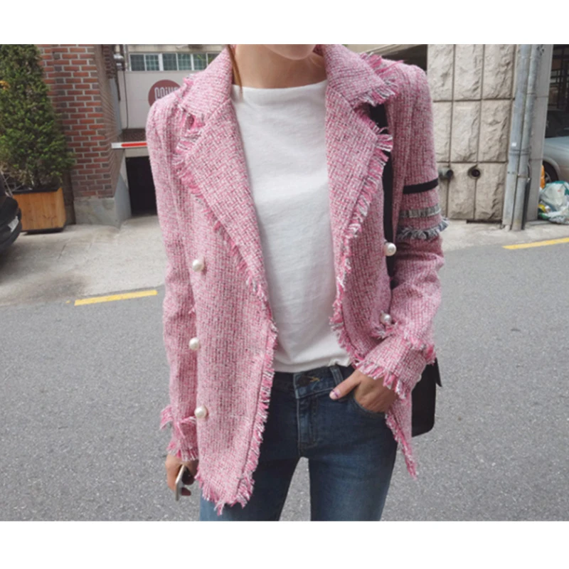 Женский твидовый Блейзер Rugod с жемчужинами элегантный винтажный пиджак бахромой