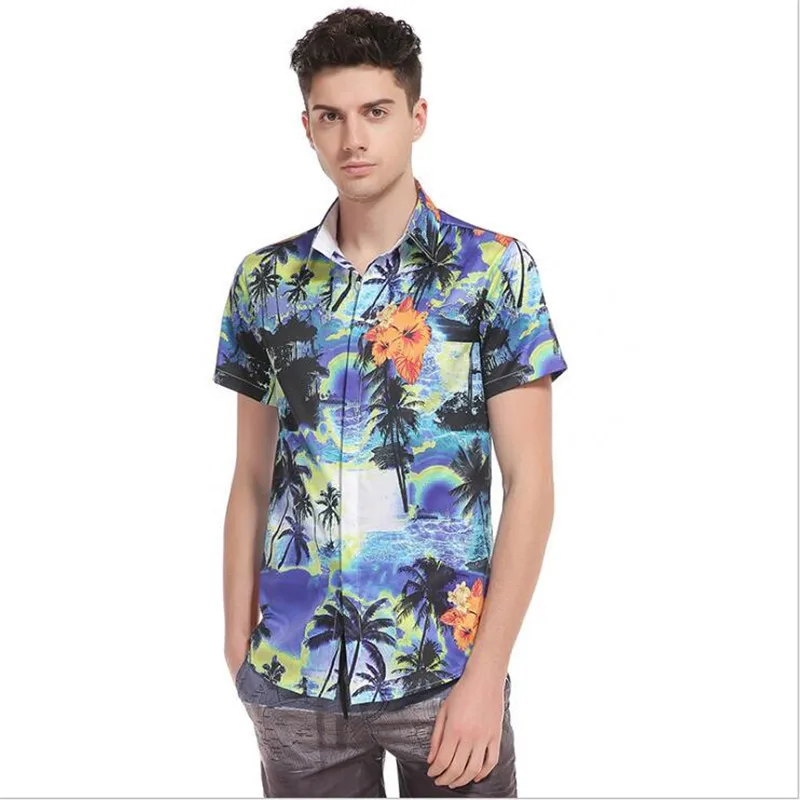 Hot Selling2018 Summer Shirt Men Thin Short Sleeve Casual Shirts 3D Print Hawaii Beach Cool Slim Camisa Masculina Red Blue | Мужская