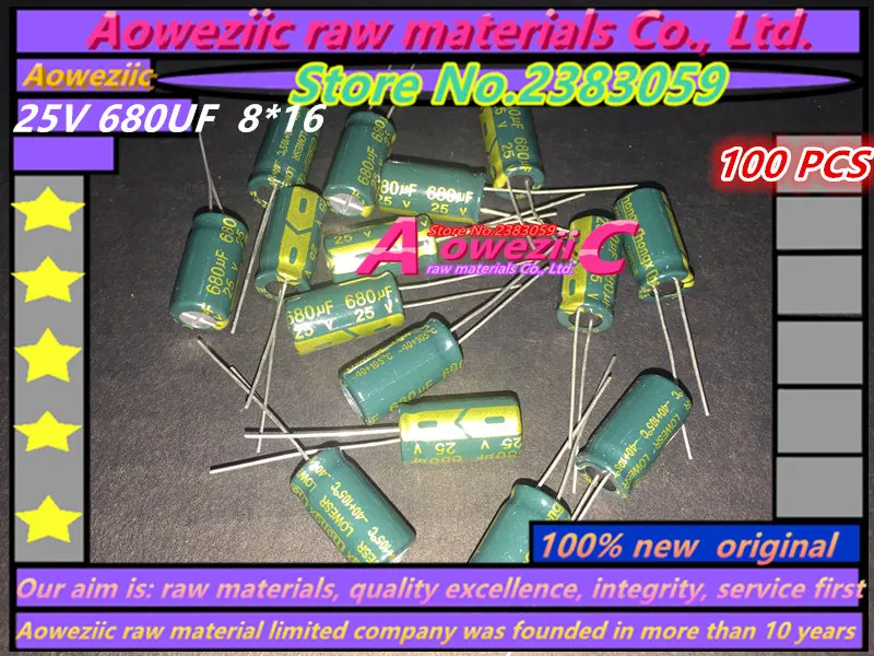 

Aoweziic {100 шт} 25V 680 мкФ 8*16 высокочастотный низкоустойчивый электролитический конденсатор 680 мкФ 25V 8x16