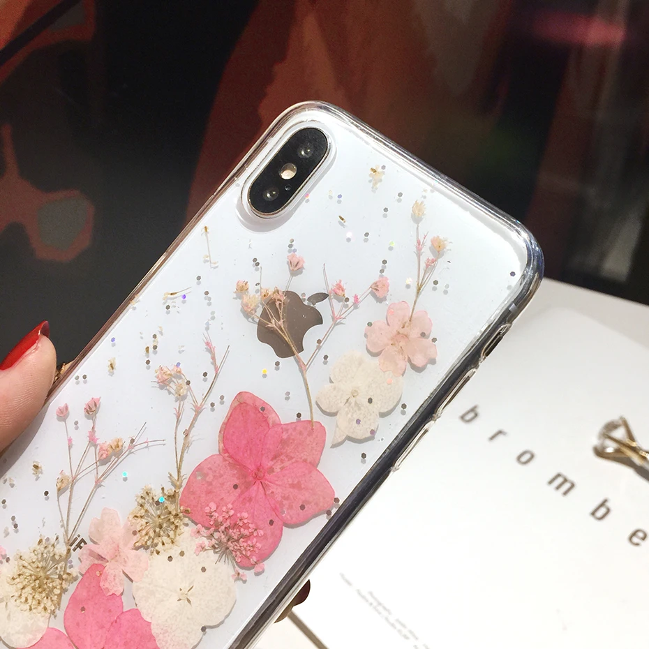 Qianliyao настоящие сухоцветы чехол s для iPhone X XR XS Max 6 6S 7 8 plus 11 Pro Max чехол для телефона Роскошный Блестящий Мягкий ТПУ чехол