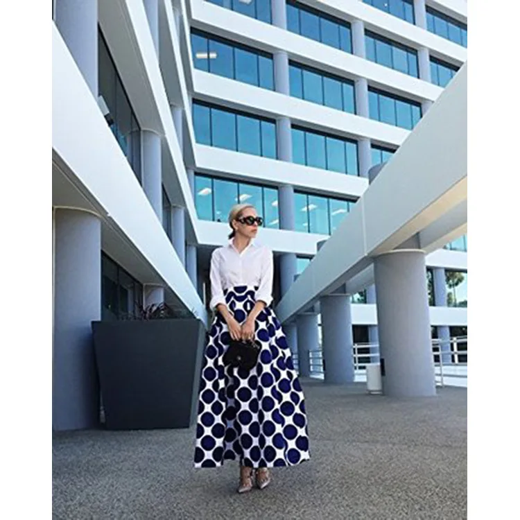 Новые 2016 Юбки Женская Мода Горошек Печати Карманы Длинные Синий Для Дамы Midi Юбка |