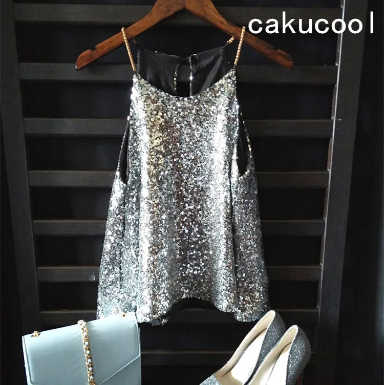 Cakucool, женские летние топы, блестящие майки, с металлической цепочкой, без рукавов, Топики, вечерние, с мерцающими блестками, украшенные Топики, Женская майка - Цвет: silver