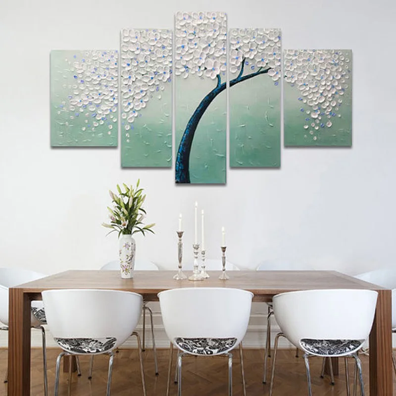 Hand Painted modern abstract Pink blue green flower tree oil Painting thick palette knife 5pieces home wall decoration pictures | Дом и сад