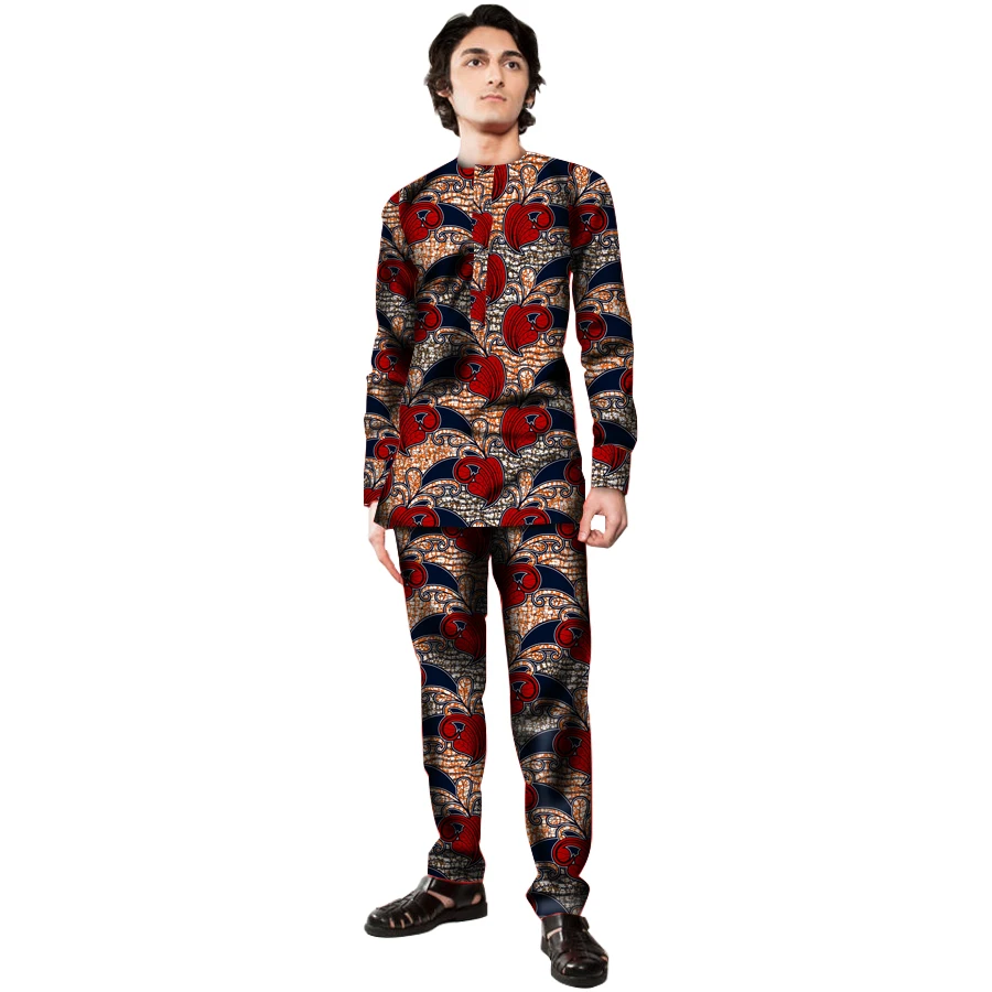 Африканские одежды Для мужчин наборы Топы + брюки комплект с модным принтом