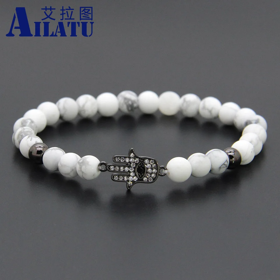 Ailatu 6 мм белые мраморные бусины Howlite с микрозакрепкой фианитами Hamsa браслет