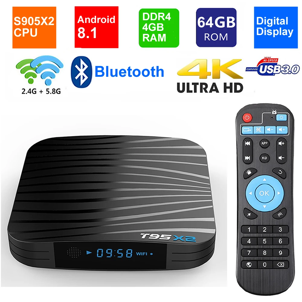 T95X2 Android 8,1 Smart tv Box DDR4 4 Гб 64 Гб четырехъядерный процессор Amlogic S905X2 Bluetooth 2,4G/5G двойной wifi USB3.0 3D HDR 4K телеприставка
