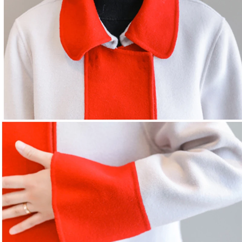 

Spring New Elegant Woolen Coat Contrast Color Lapels Long Parka Wool Coat Women Autumn And Winter High Quality Blend Slim Blazer