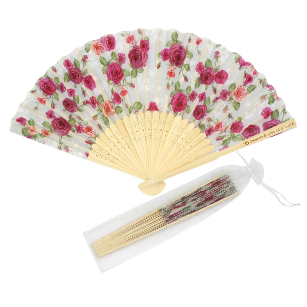 

12/15/40Pcs Personalized Engraved Bamboo & Silk Ladies Fan Rose Flower Hand Folding Fans Outdoor Dancing Wedding Party Favor