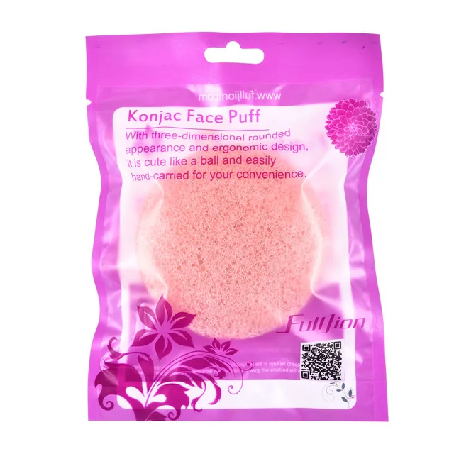 pink with package Fulljion 1pcs Konjac Cosmetic Puff Round Shape Face Wash Natural Facial Cleanser Plant Cotton Bamboo Charcoal Wet Sponge Makeup - Color: pink with package