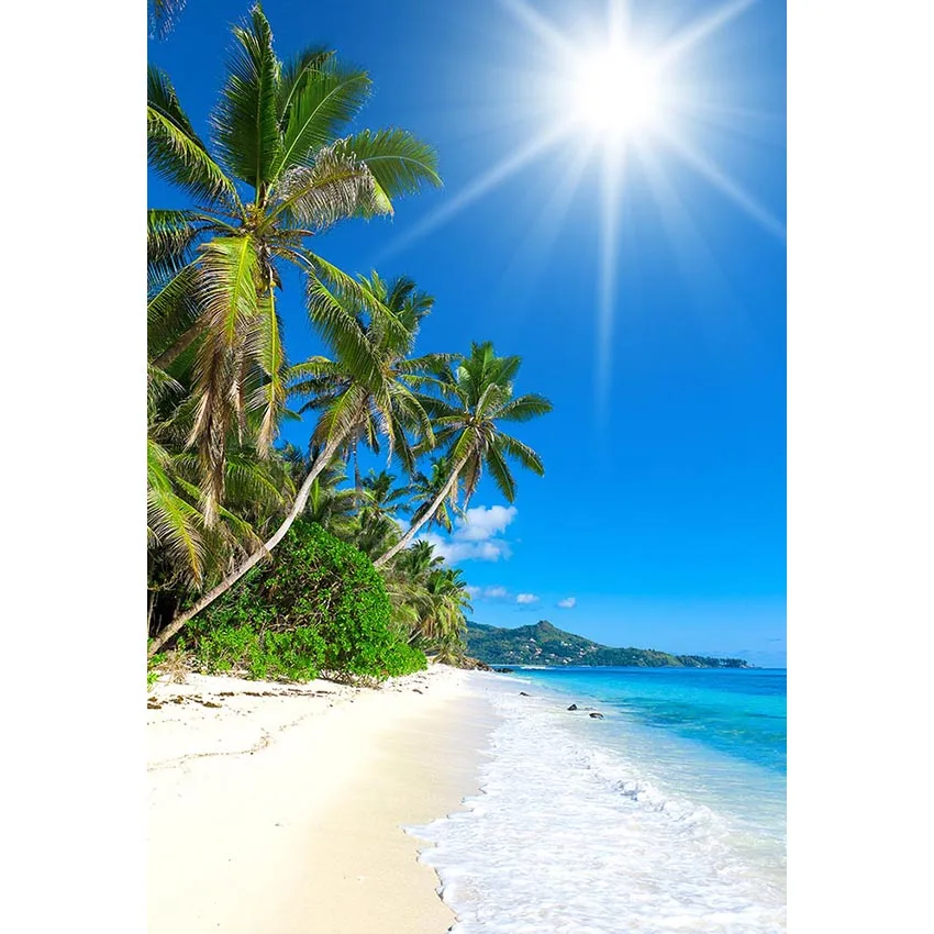 Фон для фотостудии синие морские волны тропический песчаный пляж дерево летний