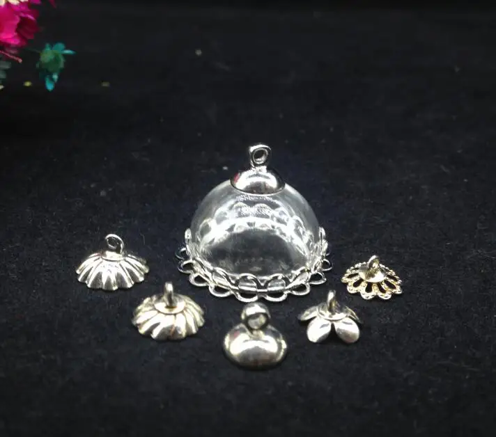 

50sets/lot 20mm half round glass cover vial pendants silver plated double lace edge tray charm diy jewelry findings diy necklace