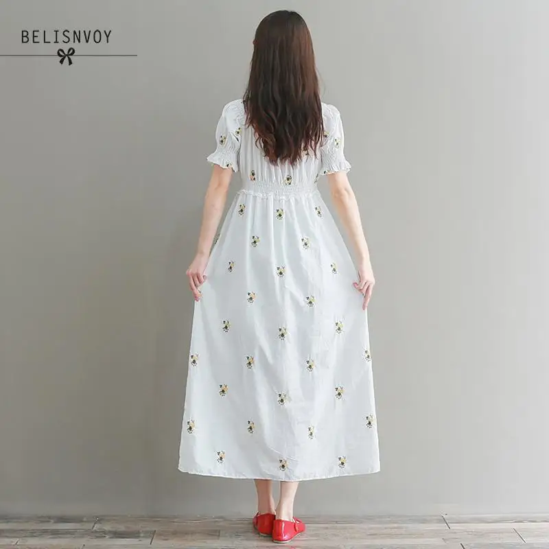 Mori Girl/летние женские длинные платья с вышивкой элегантное винтажное платье