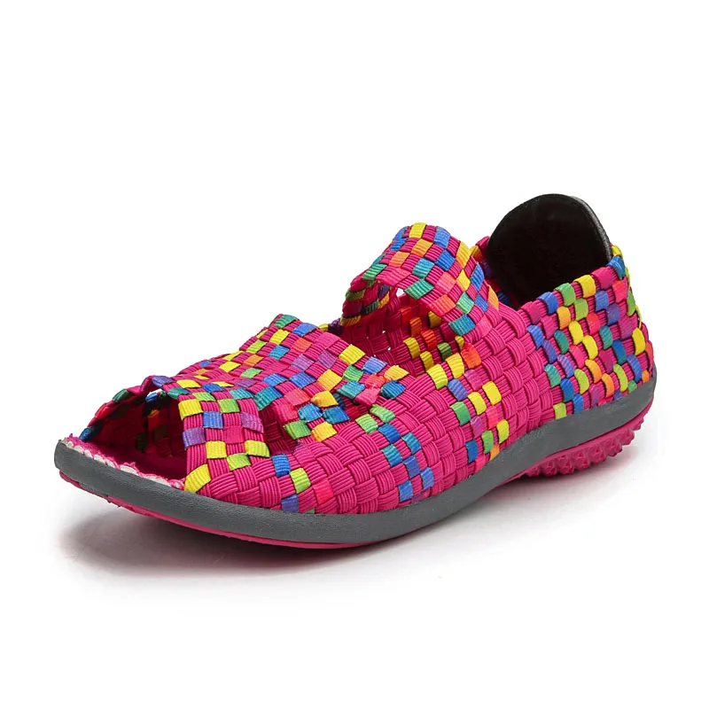 rosy red multi EOFK/женские босоножки; тканая обувь на плоской подошве ручной работы; коллекция года; сезон лето; модная дышащая повседневная разноцветная женская обувь без застежки - Цвет: rosy red multi