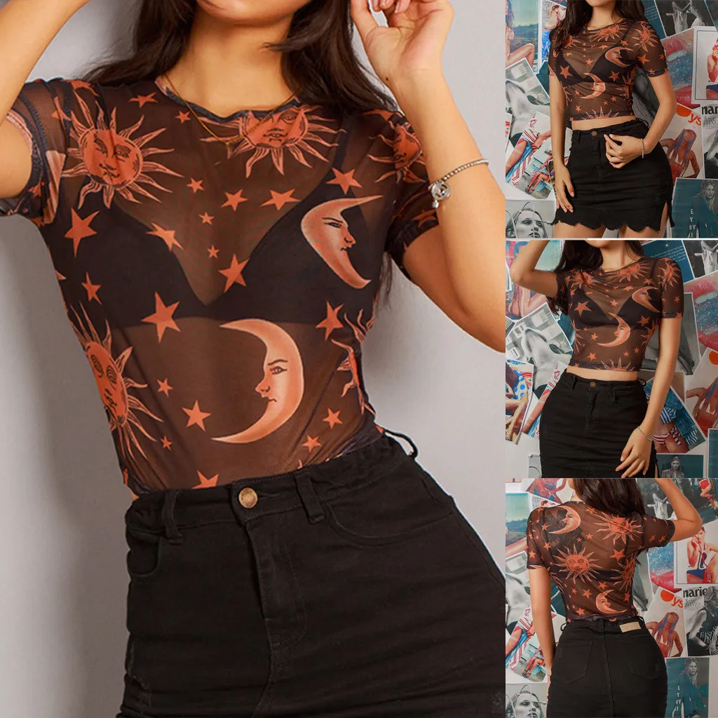 Модный женский сексуальный топ с круглым вырезом и коротким рукавом сетчатый