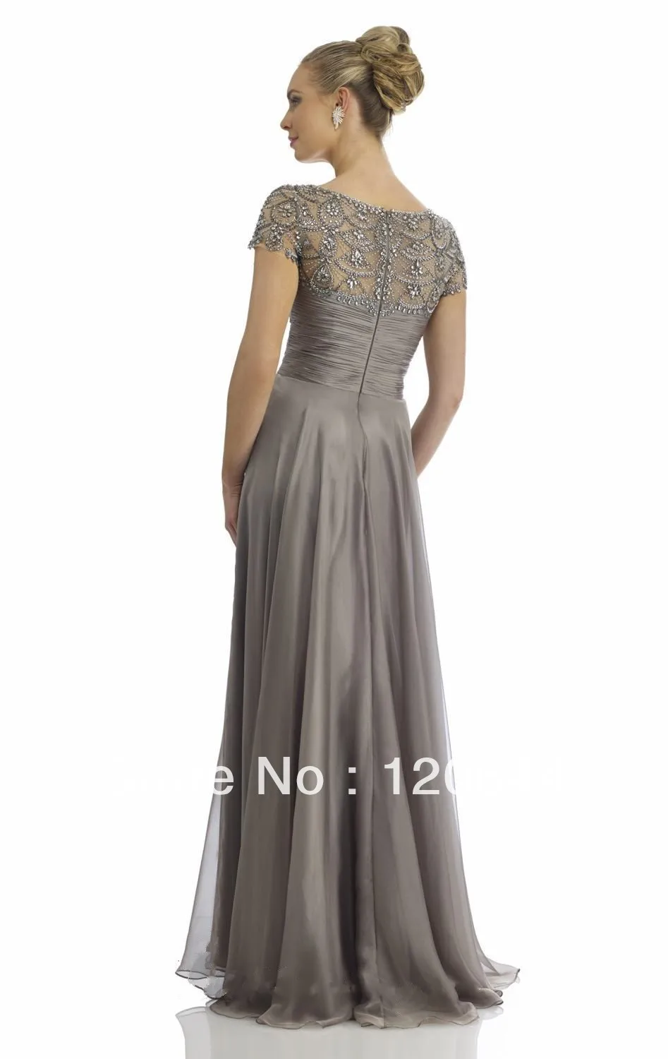 New Beautiful Beaded Sheer Chiffon Grey Ruching Short Sleeve Floor Length Mother Of the Bride Dress | Свадьбы и торжества