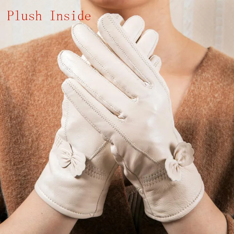 Plush Beige White Женская обувь из натуральной кожи; из овечьей кожи бабочка knotl перчатки женские зимние тонкие/плотная обувь с подкладкой из плюша, кашемир теплый спортивный костюм с водительские перчатки L74 - Цвет: Plush Beige White