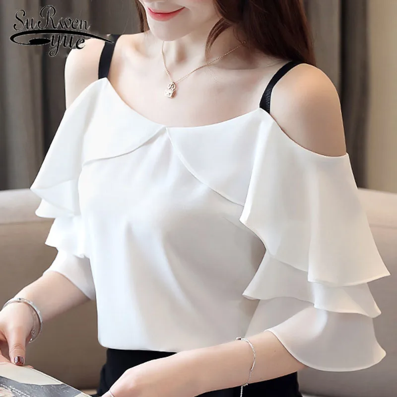 

2019 summer Lady Chiffon Blouse and top fashion short shirts tops loose and comfortable Off-the-shoulder chiffon shirt 3571 50