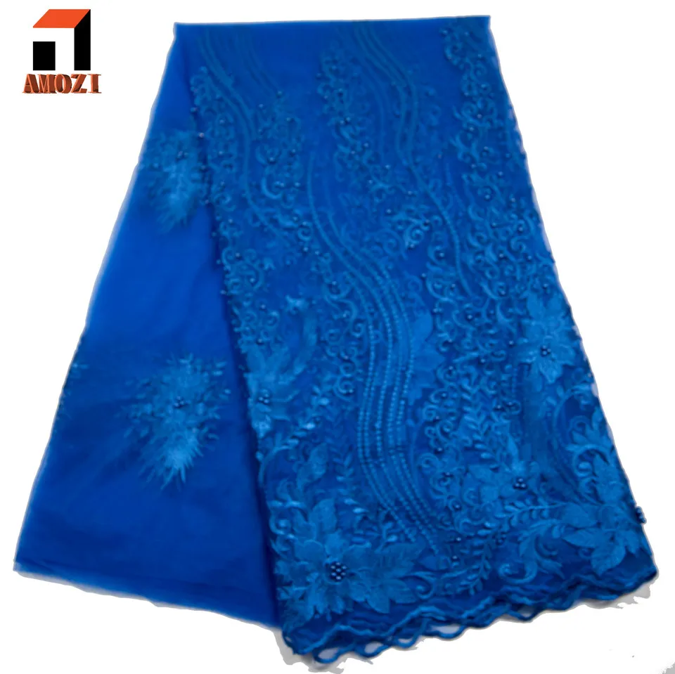 

Королевский синий африканский кружевной материал с бусинами 2017 бисерная кружевная ткань для свадебного платья нигерийские кружевные ткан...