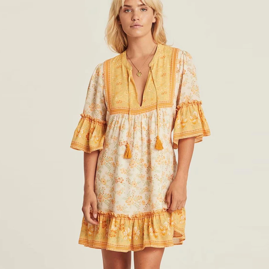 Женское платье мини из вискозы с цветочным принтом и V образным вырезом|Женские