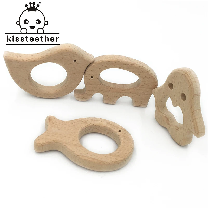 Mordedor org&aacute;nico de madera de haya Natural para beb&eacute;, elefante, p&aacute;jaro, pez, ping&uuml;ino, juguetes cortados a mano, regalo-0