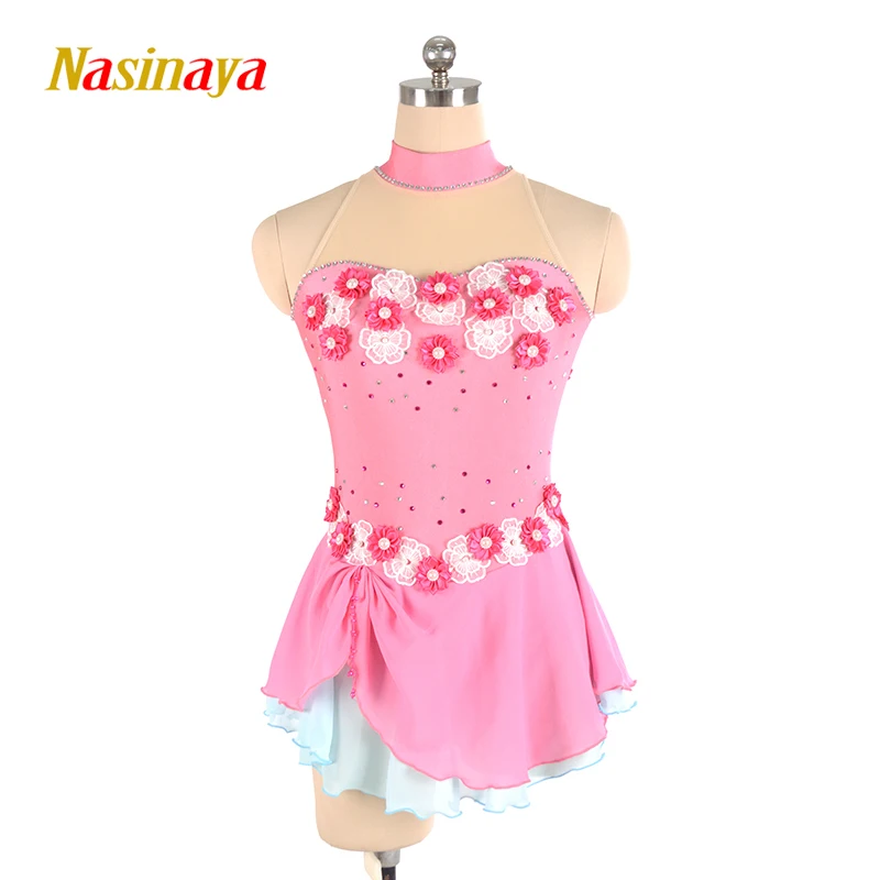 Figure Skating Dress Costume Customized Competition Ice Skating Skirt for Girl Women Kids Pink Flower