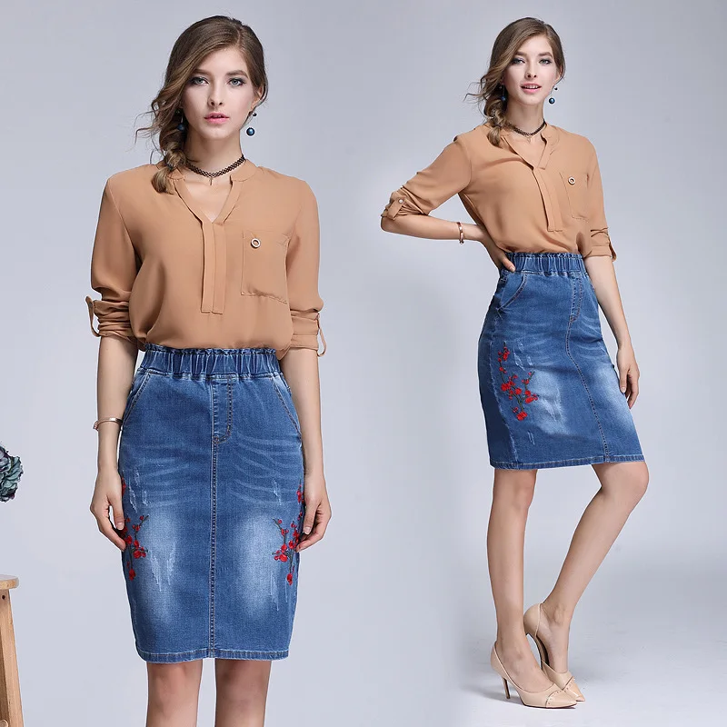 Fashion Denim Skirts Womens High Waist Embroidery Pockets Button Skirt Female 2019 Summer Casual | Женская одежда