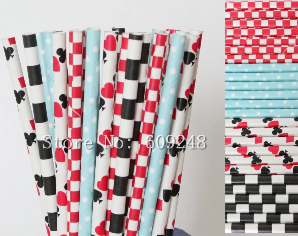 100pcs Mix Colors Alice in Wonderland Paper Straws,Red Checkered,Light Blue Dot,Black Sailor Striped,Playing Cards Queen Hearts
