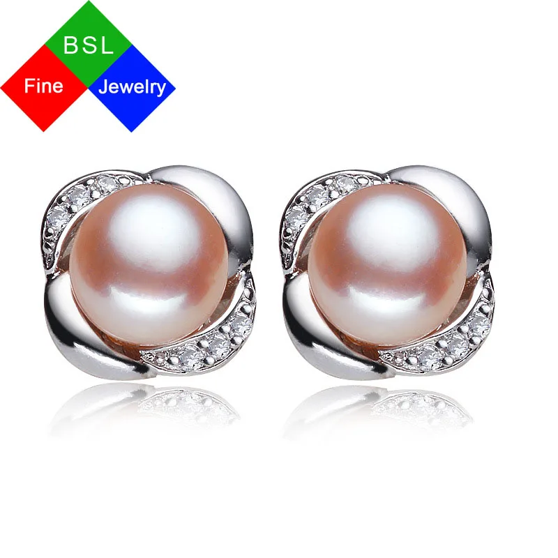

BSL реальные 925 стерлингового серебра ювелирные украшения Модные натуральные пресноводные жемчужные серьги-гвоздики женские розовые вечерн...