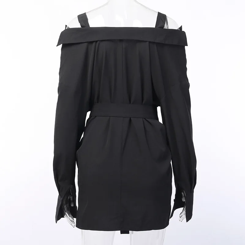 

Raisevern Punk Dark Button Shirt Dress Gothic Pin Buckle Belt Fairy Long Sleeve One Word High Waist Women Summer Slim Dress