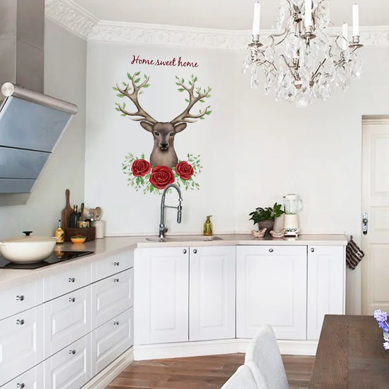 

3D Personality Fashion DIY Mural Rose Flower Deer Living RFoom Bedroom Entrance Removable Home Decoration Vinyl Wall Sticker